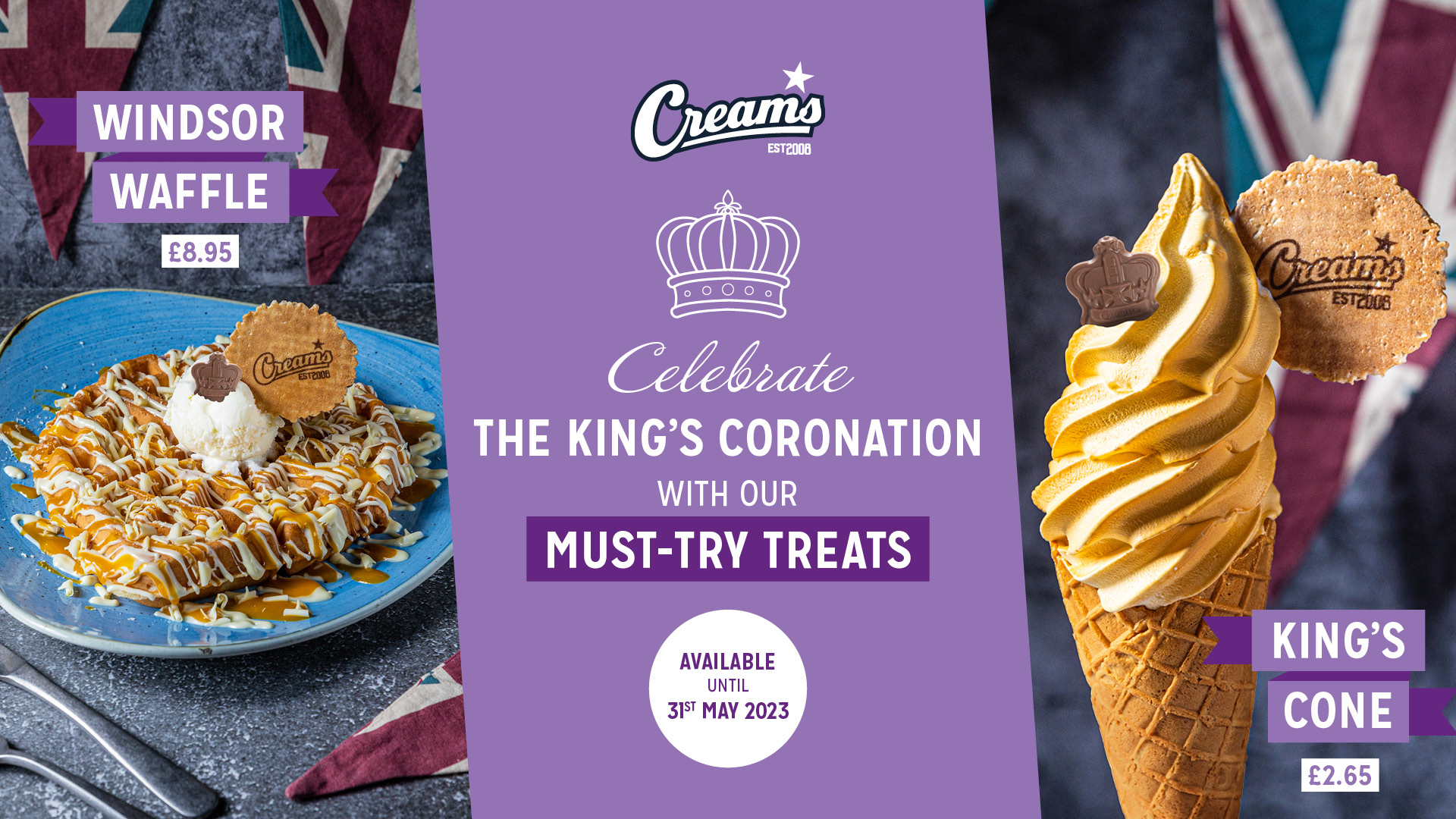 Creams Cafe Coronation Dessert Selection Including the King's Cone and Windsor Waffle